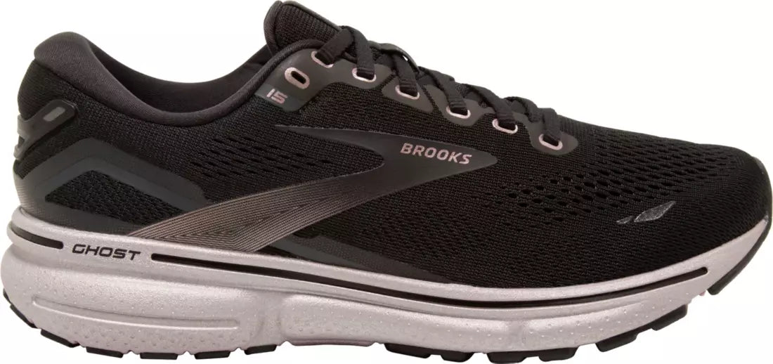 Women's Brooks Ghost 15, Black/Rose Gold, 7.5 D Wide