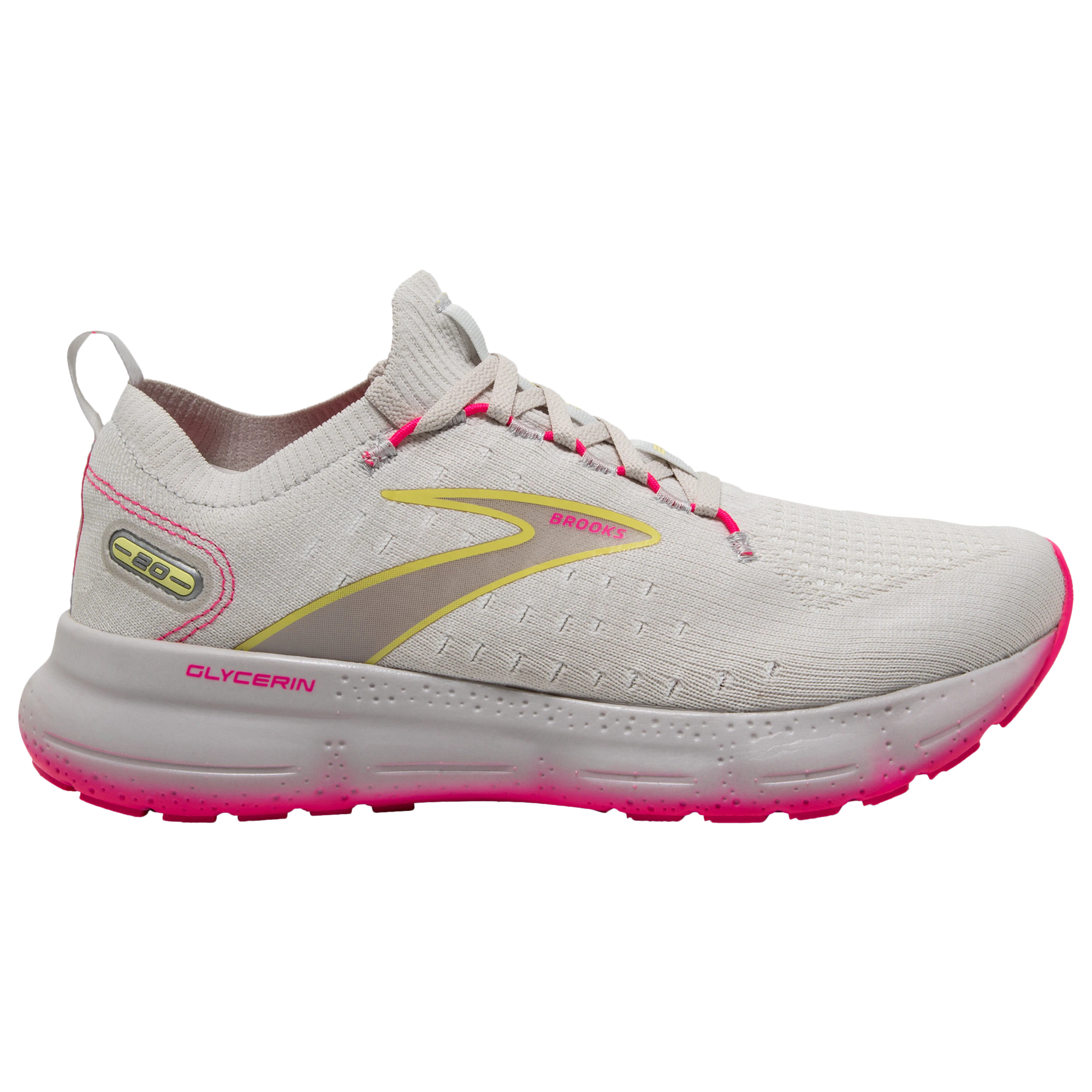 Women's Brooks Glycerin StealthFit 20, Grey/Yellow/Pink, 6.5 B Medium