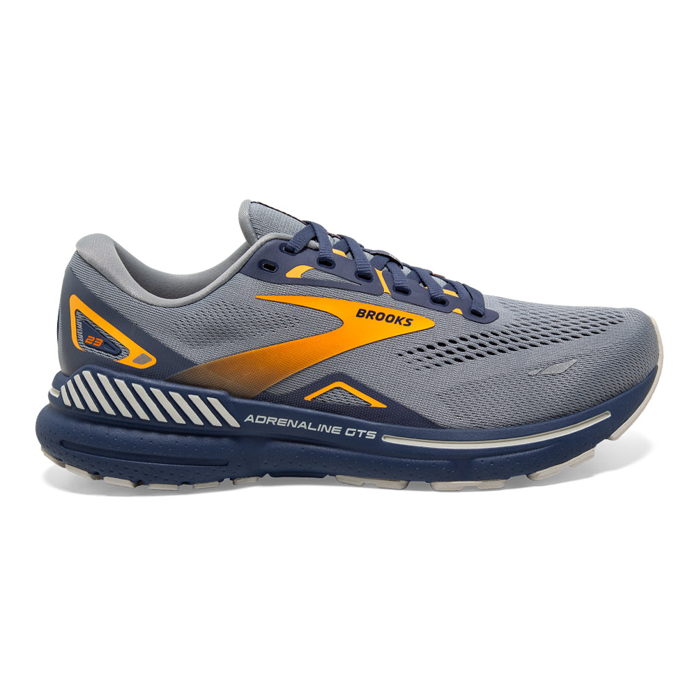 Men's Brooks Adrenaline GTS 23, Grey/Crown Blue/Orange, 10.5 D Medium