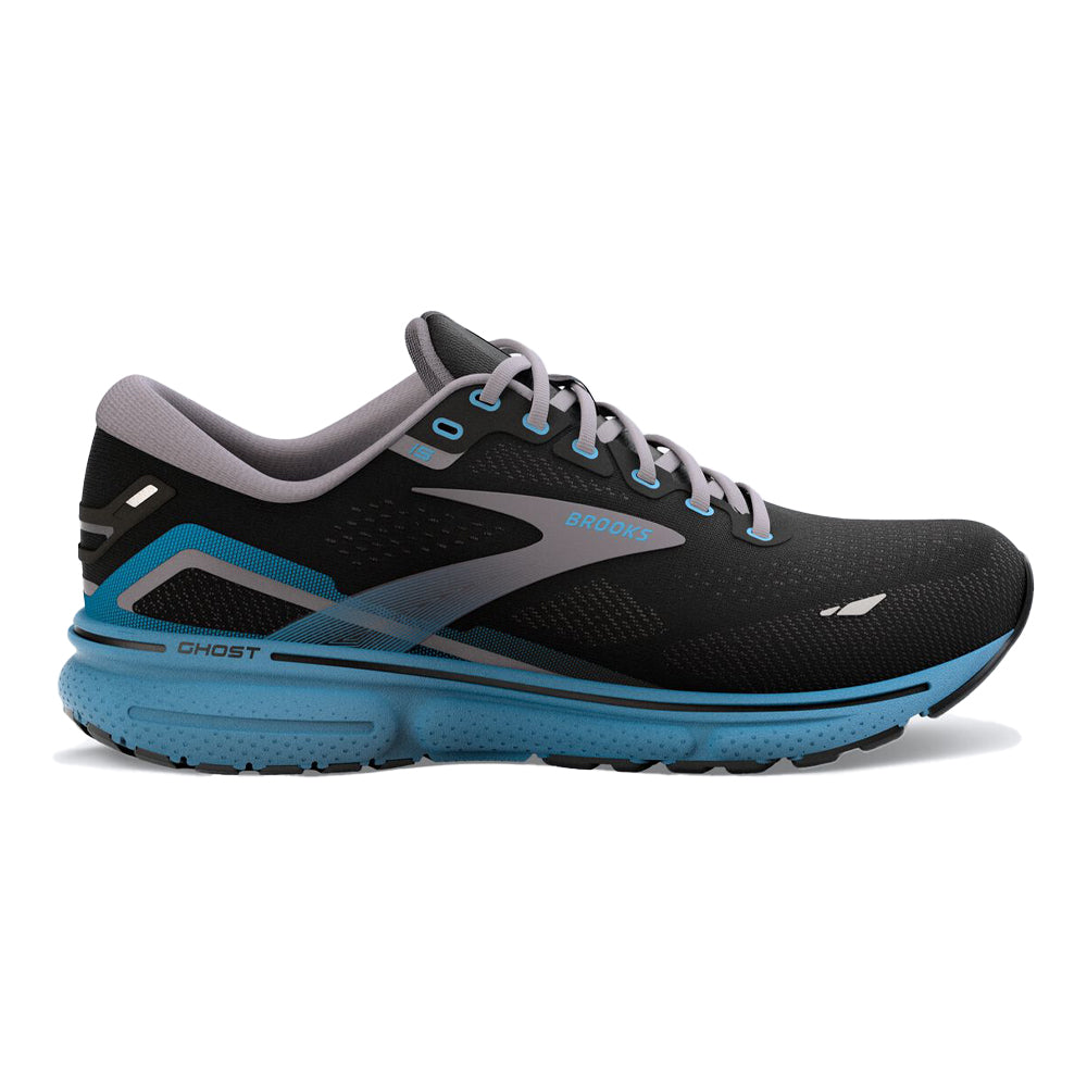 Men's Brooks Ghost 15, Black/Blackened Pearl/Blue, 8 D Medium