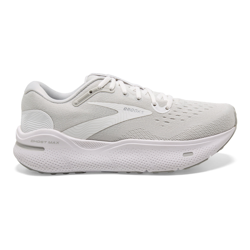 Men's Brooks Ghost Max, White/Oyster/Metallic Silver, 8 2E Wide