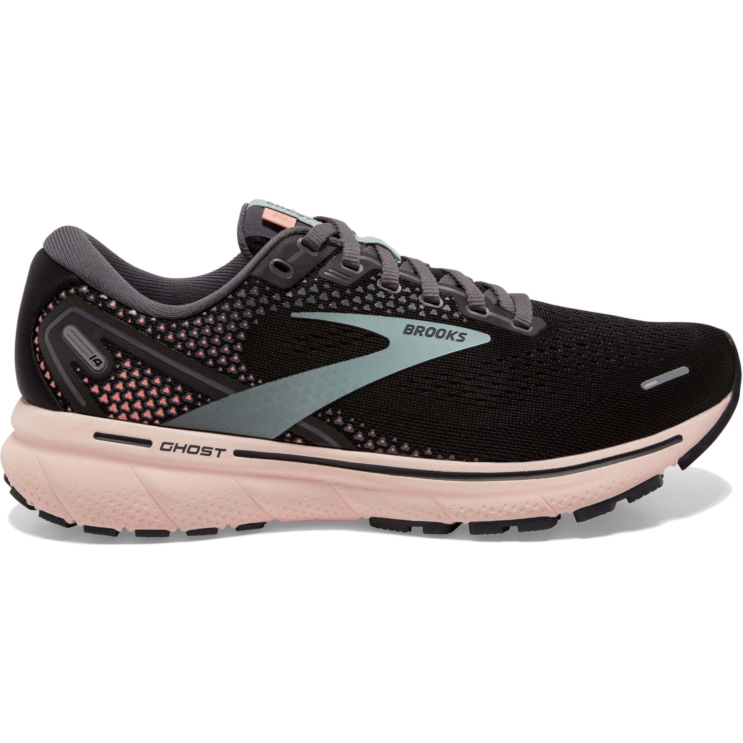 Women's Brooks Ghost 14, Black/Pearl/Peach, 6.5 B Medium