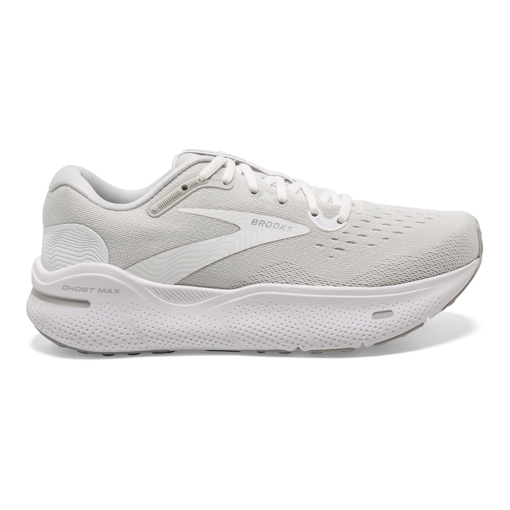 Women's Brooks Ghost Max, White/Oyster/Metallic Silver, 6.5 D Wide