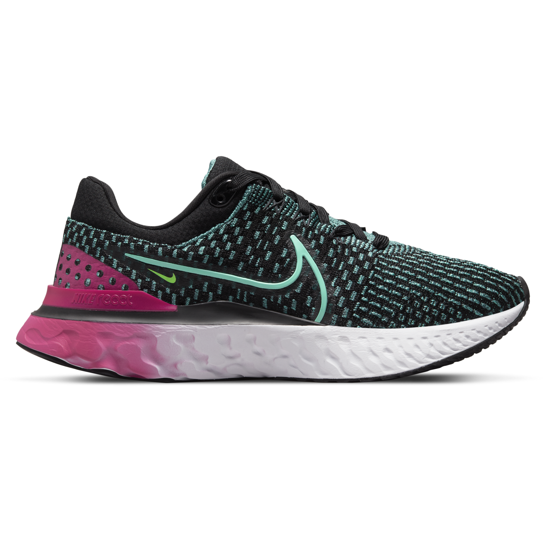 Women's Nike React Infinity Run Flyknit 3, Black/Dynamic Turquoise-Pink Prime, 10 B Medium