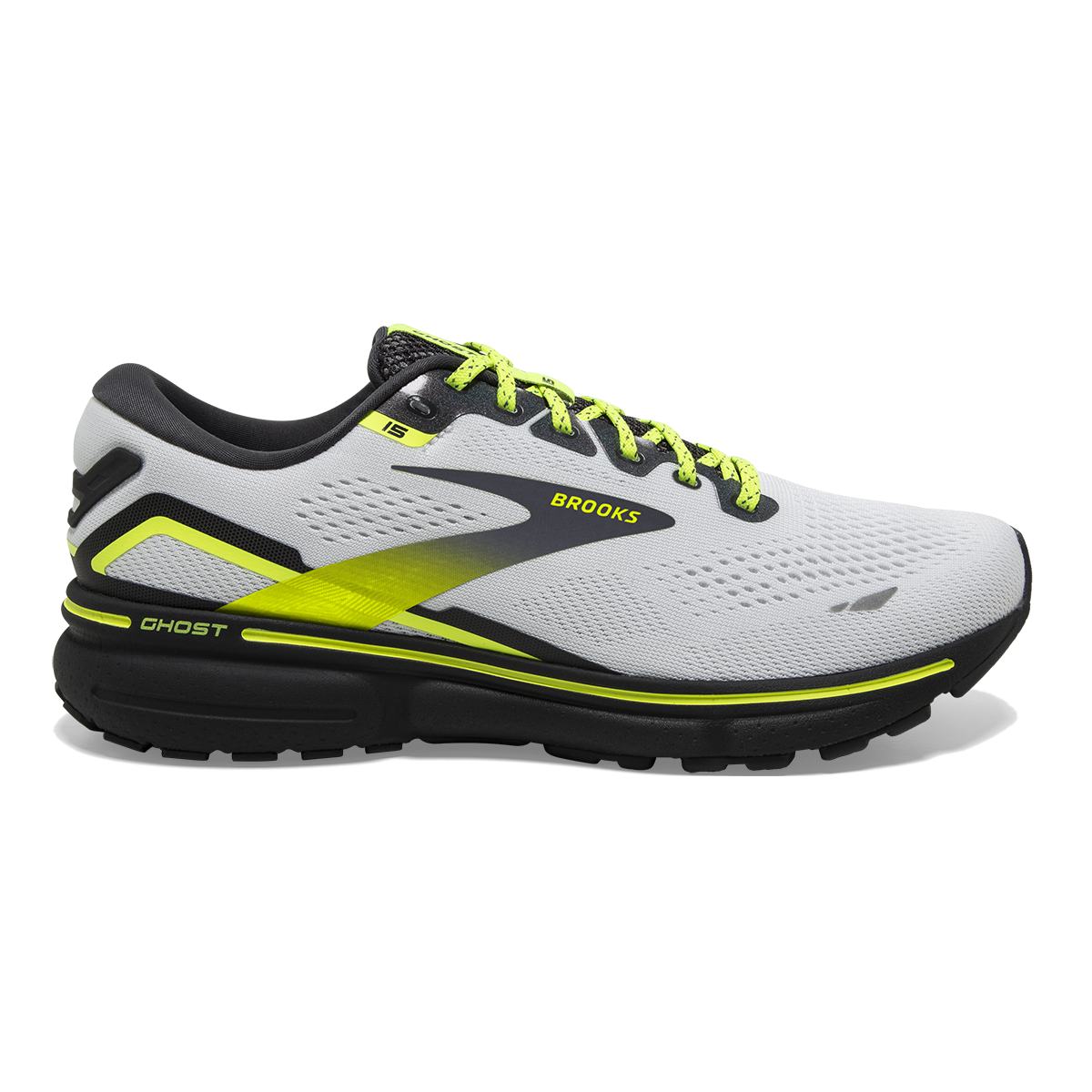 Women's Brooks Ghost 15, White/Ebony/Nightlife, 10.5 B Medium